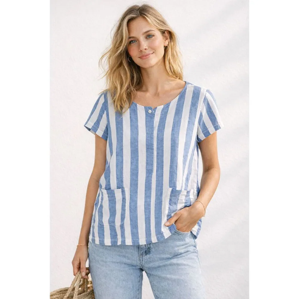 J.Crew Blue & White Striped Popover Cotton Pocket Top - Picture 9 of 9